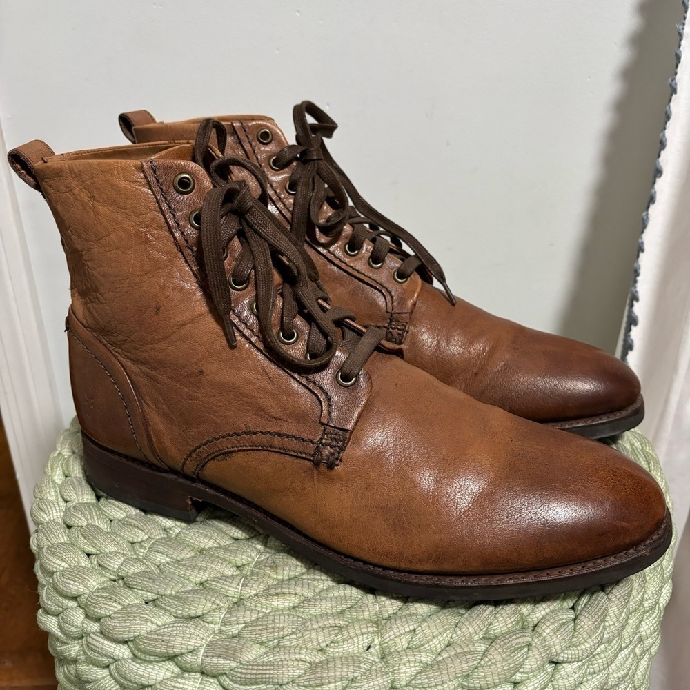 Frye Peyton Lace Up Distressed Brown Cognac Casual Dress Boots - Picture 2 of 9